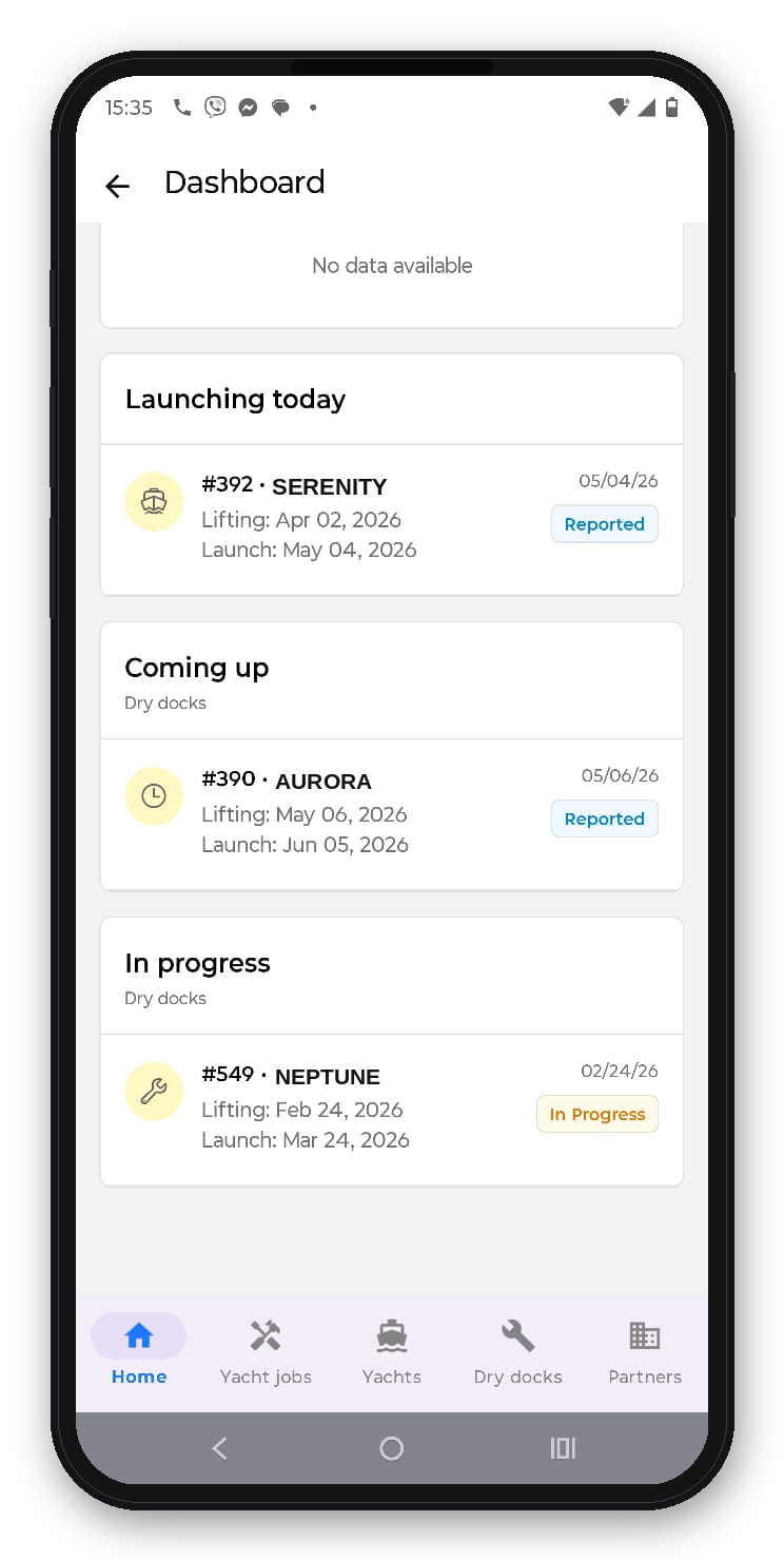 Mobile app showing yacht job cards with status badges and filter options