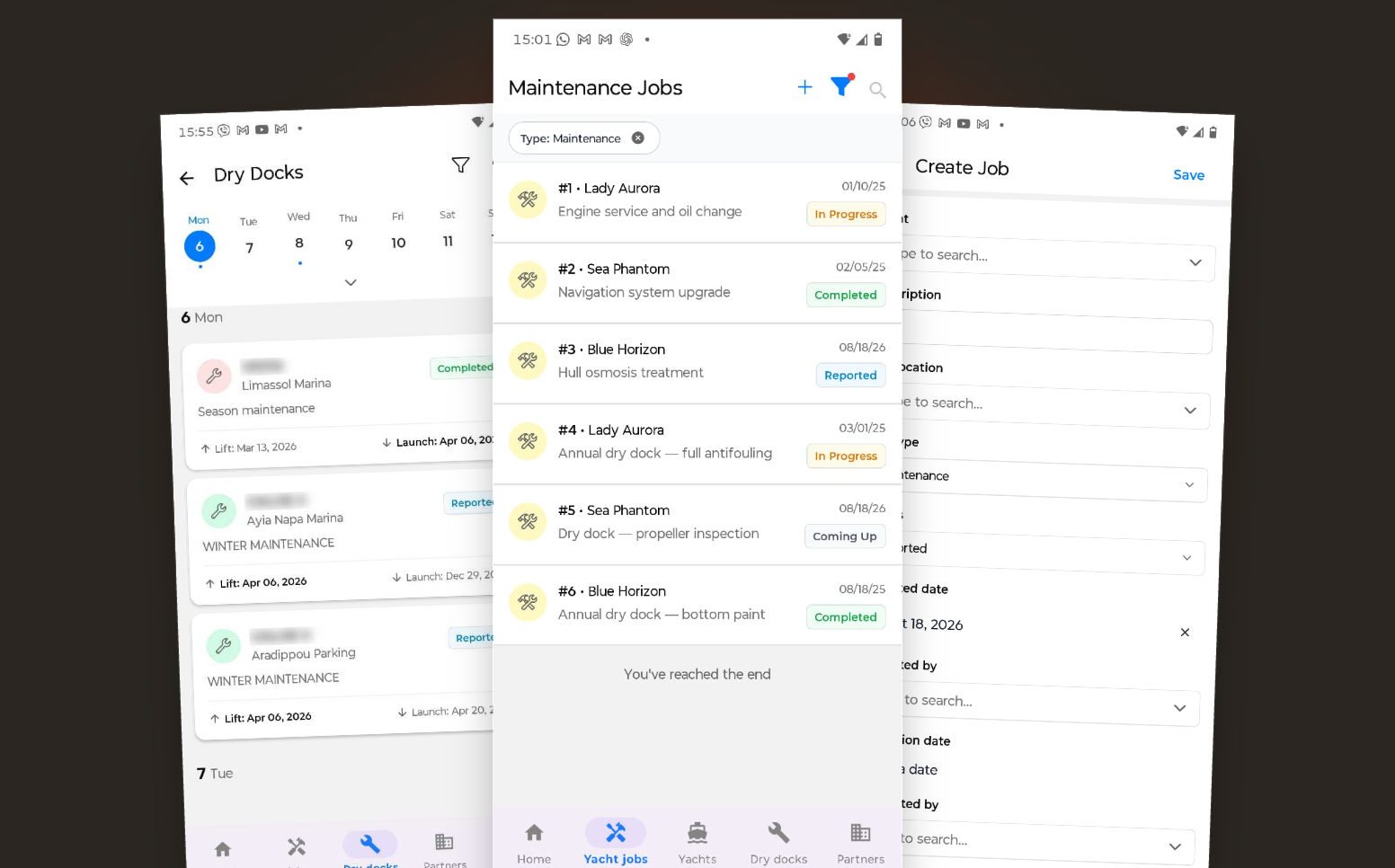 BP Yachting field mobile app — dry docks calendar, maintenance jobs, and job creation screens