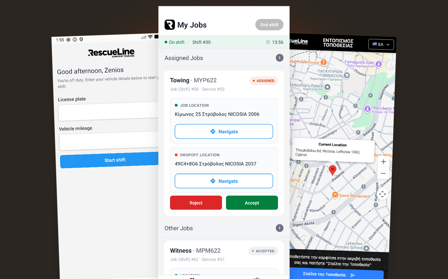 RescueLine driver mobile app — start shift, assigned jobs, and location pinpoint screens