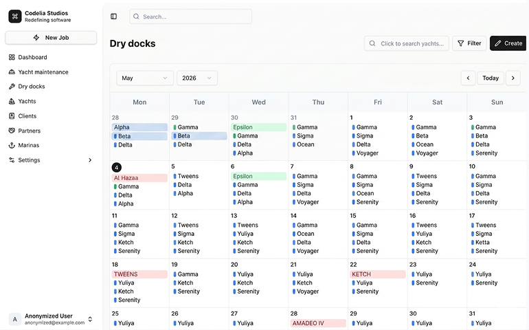 Admin Dashboard showing yacht jobs table with status indicators and metrics cards